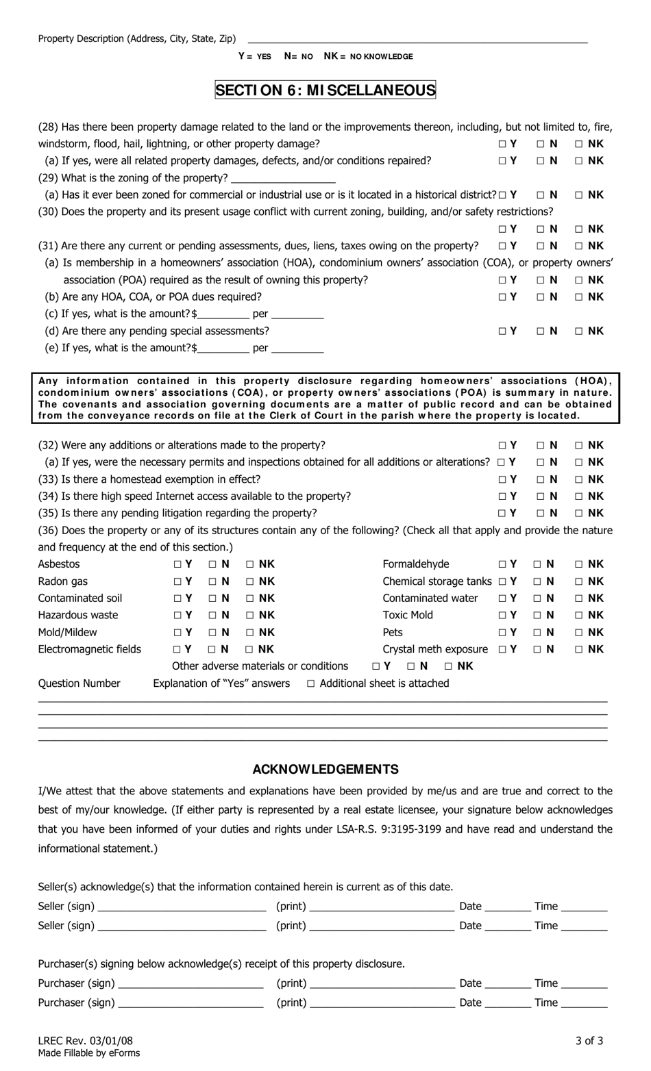 Informational Statement for Louisiana Residential Property Disclosure - Louisiana, Page 4