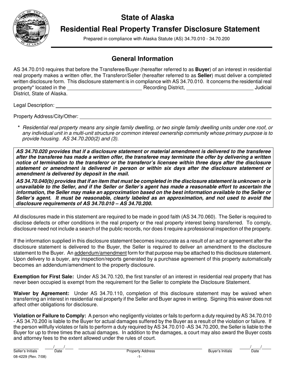 Form 08-4229 Residential Real Property Transfer Disclosure Statement - Alaska, Page 1