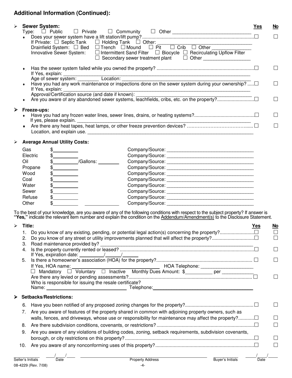 Form 08-4229 Residential Real Property Transfer Disclosure Statement - Alaska, Page 4