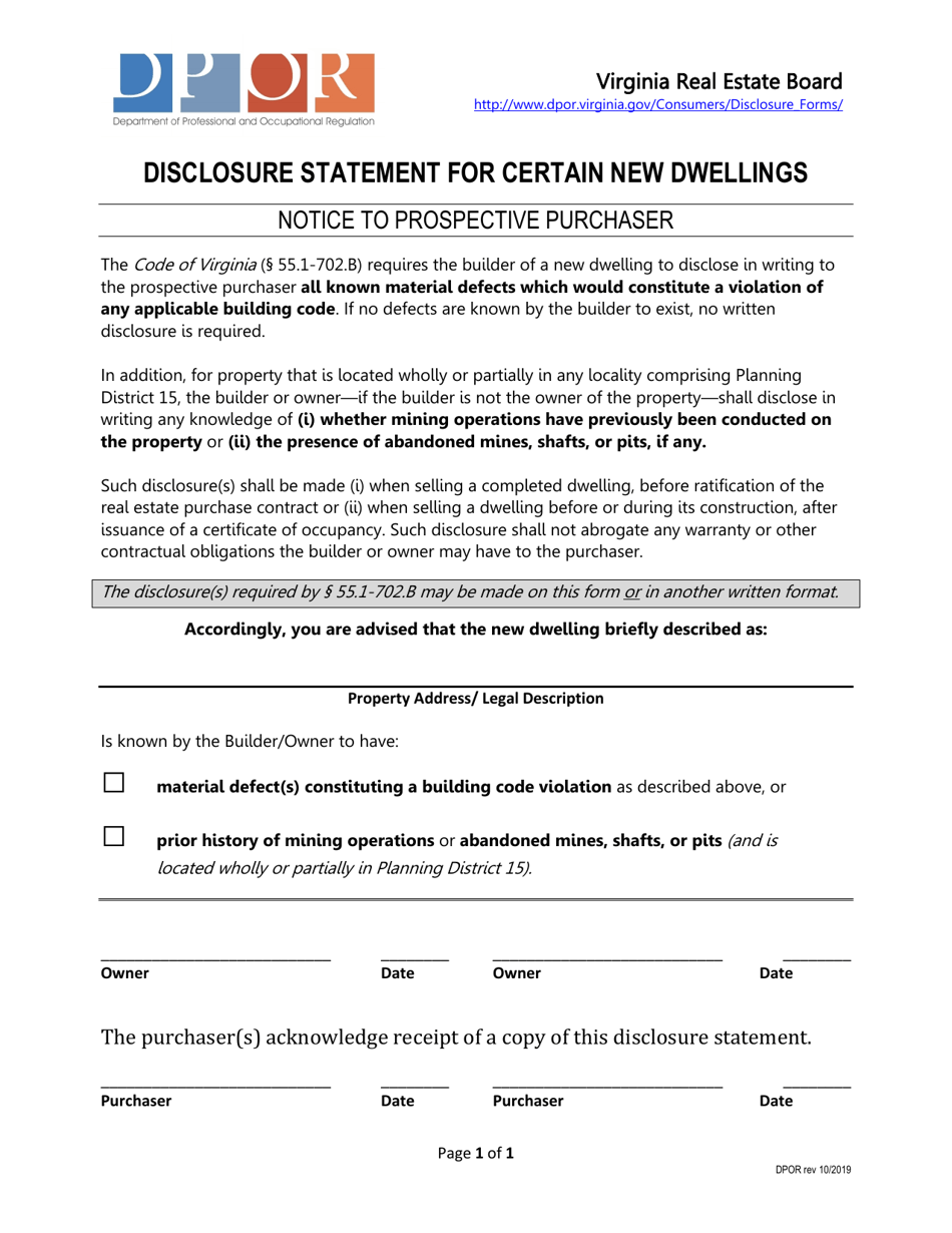 Disclosure Statement for Certain New Dwellings - Virginia, Page 1