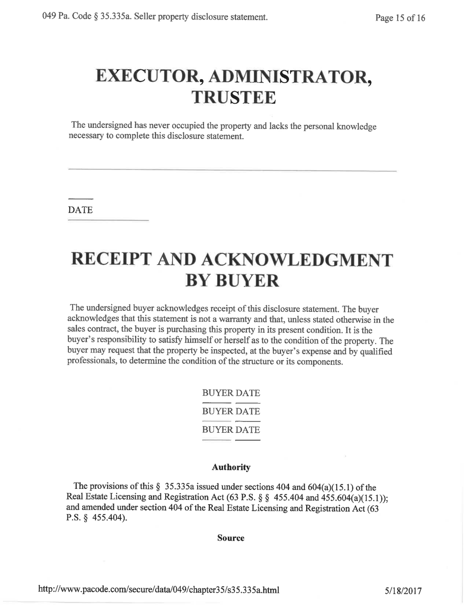 Sellers Property Disclosure Statement - Pennsylvania, Page 15