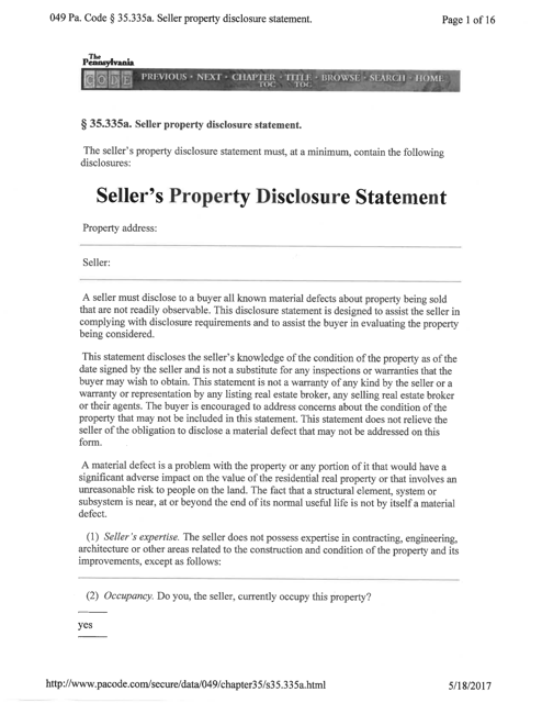 Seller's Property Disclosure Statement - Pennsylvania