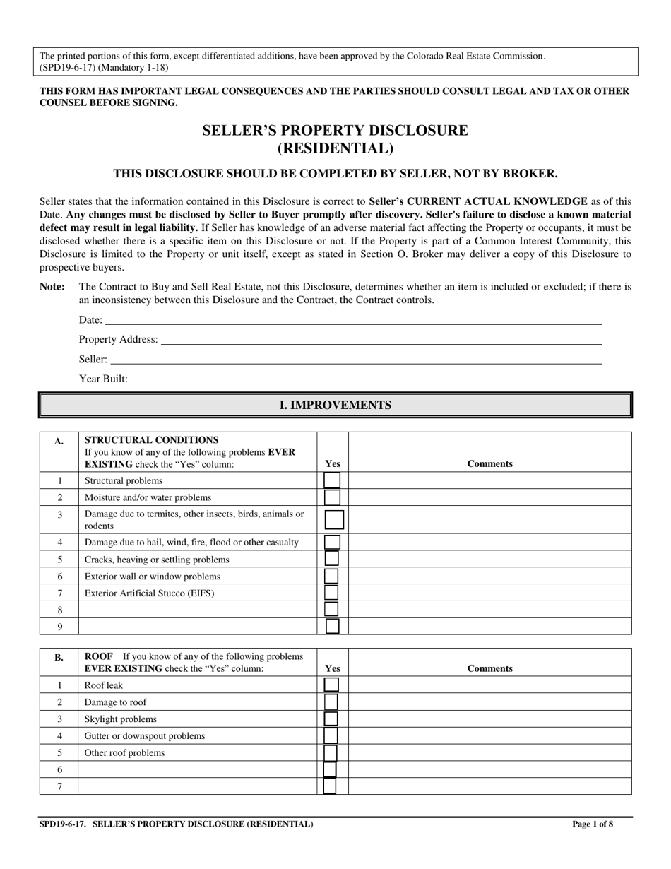 Sellers Property Disclosure (Residential) - Colorado, Page 1