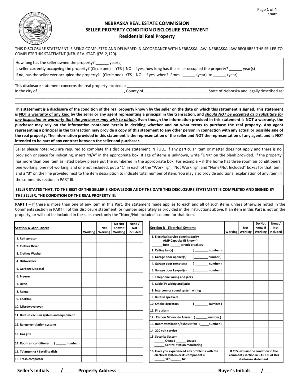 Seller Property Condition Disclosure Statement - Residential Real Property - Nebraska, Page 1