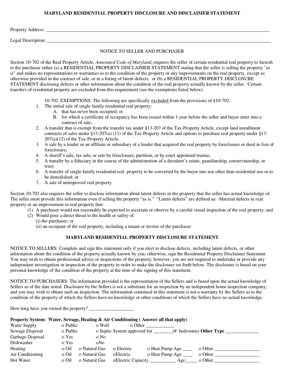 Maryland Residential Property Disclosure and Disclaimer Statement - Maryland, Page 1