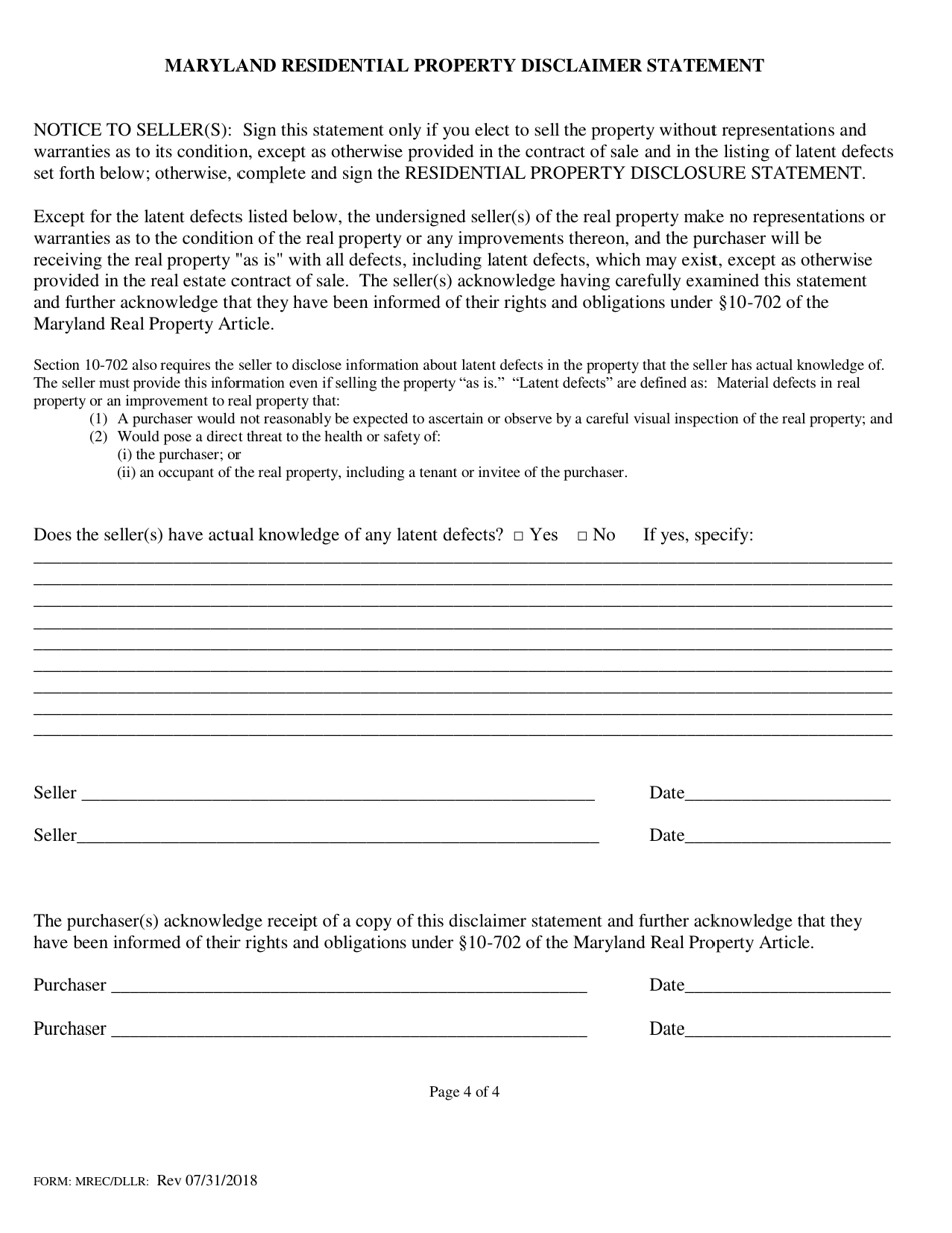Maryland Residential Property Disclosure and Disclaimer Statement - Maryland, Page 4