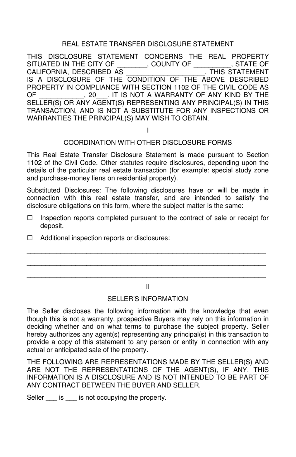 Real Estate Transfer Disclosure Statement - California, Page 1