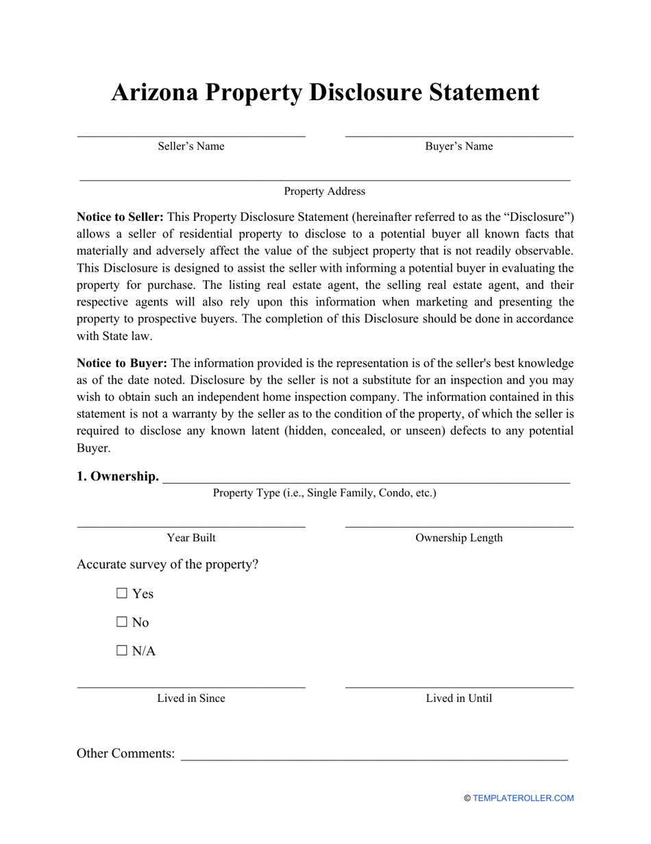 Arizona Property Disclosure Statement Form Download Printable PDF