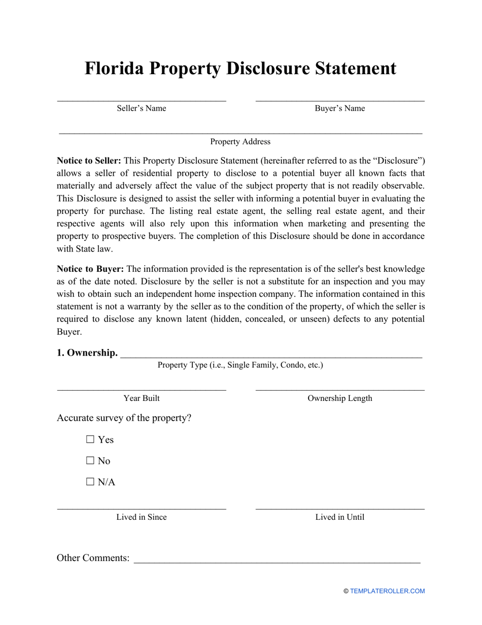 Property Disclosure Statement Form - Florida, Page 1
