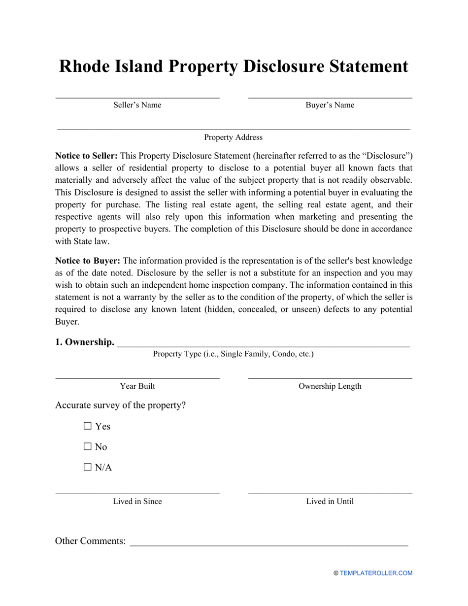 Property Disclosure Statement Form - Rhode Island, Page 1