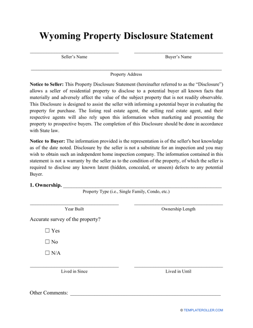 Property Disclosure Statement Form - Wyoming Download Pdf