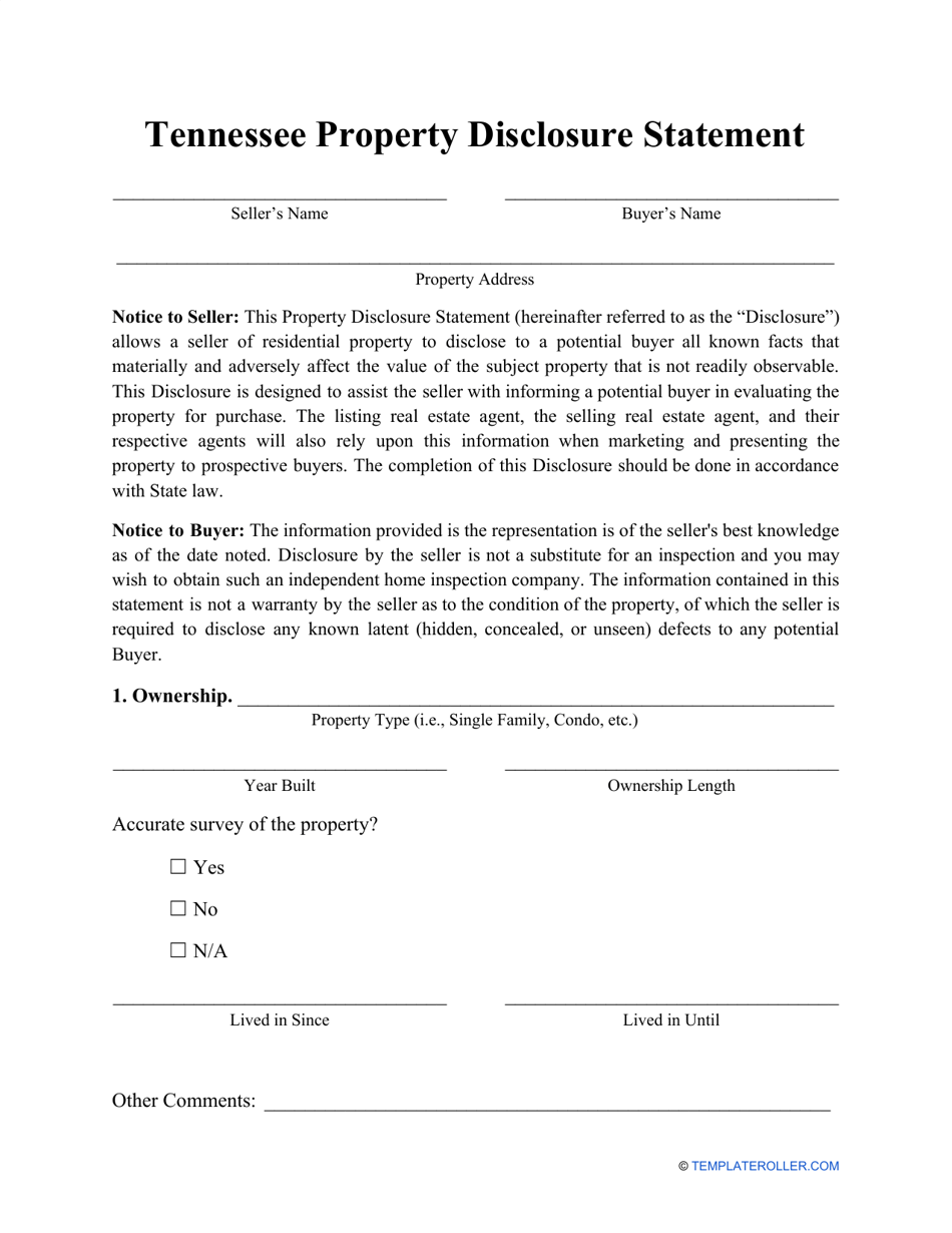 Property Disclosure Statement Form - Tennessee, Page 1