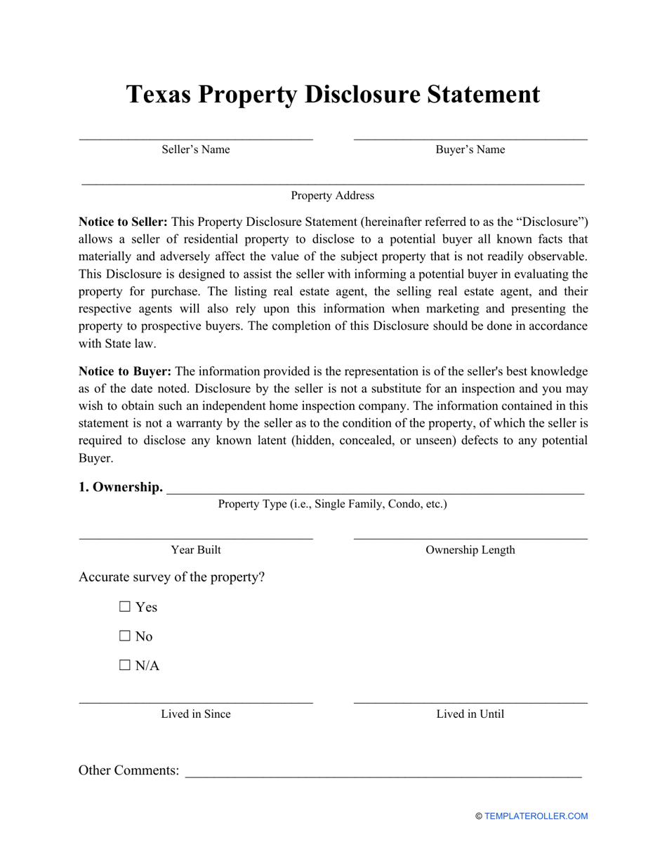 Property Disclosure Statement Form - Texas, Page 1