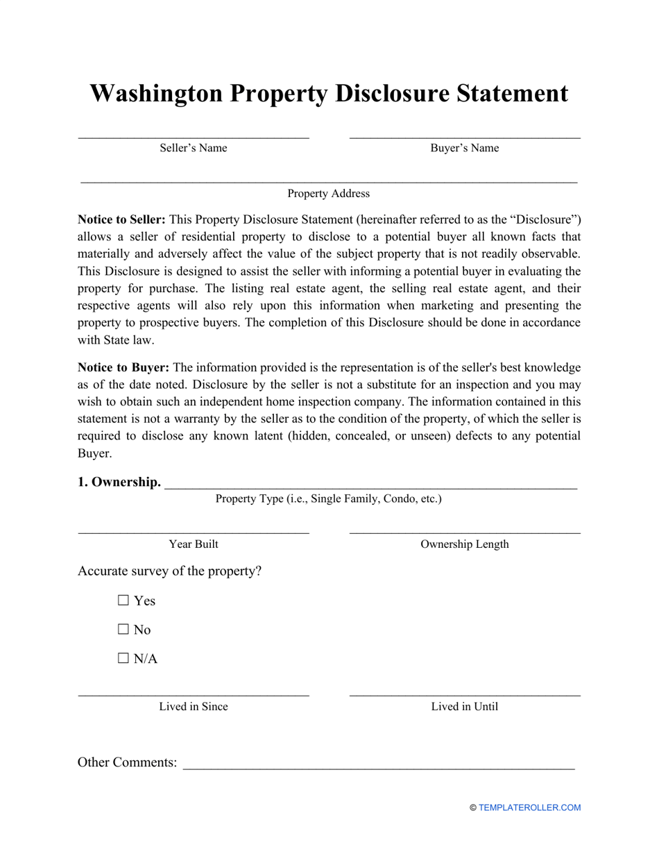 Property Disclosure Statement Form - Washington, Page 1