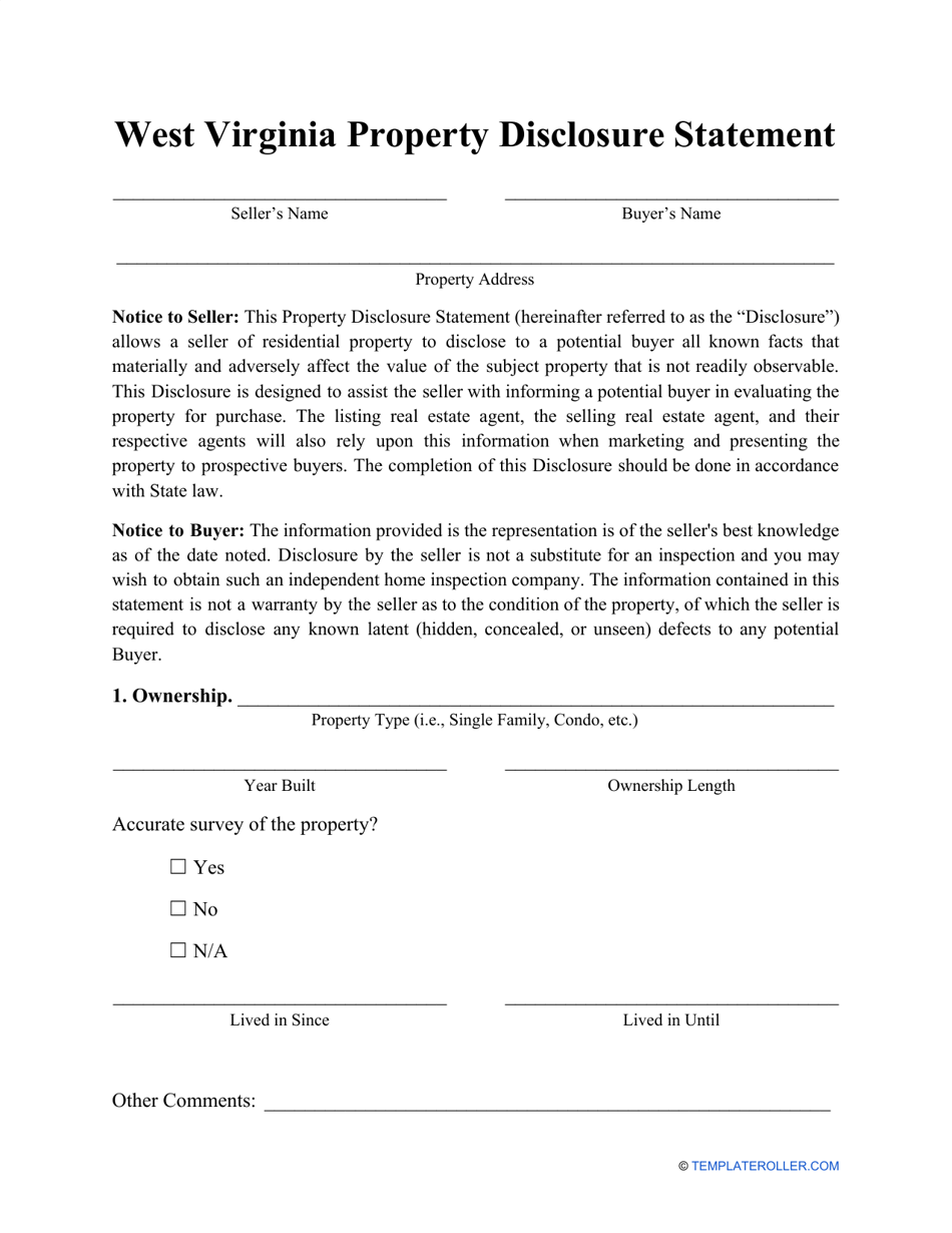 Property Disclosure Statement Form - West Virginia, Page 1
