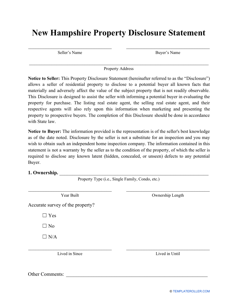 Property Disclosure Statement Form - New Hampshire, Page 1