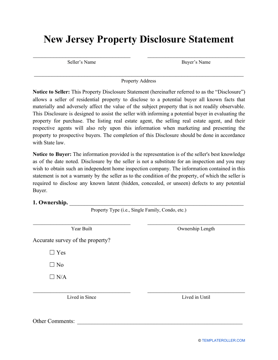 Property Disclosure Statement Form - New Jersey, Page 1