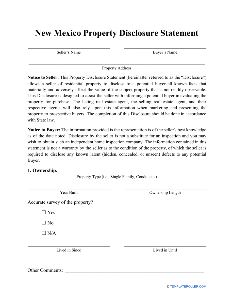 Property Disclosure Statement Form - New Mexico, Page 1