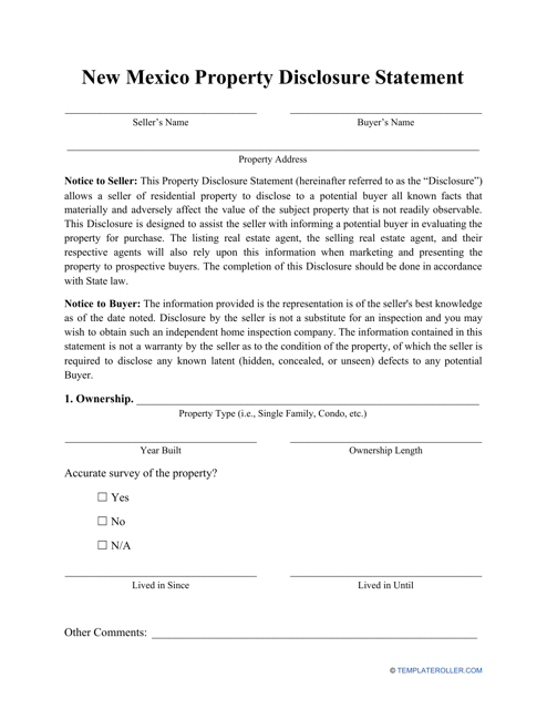 Property Disclosure Statement Form - New Mexico Download Pdf