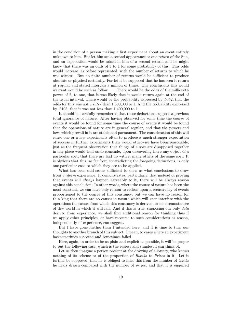 An Essay Towards Solving a Problem in the Doctrine of Chances - Rev. Mr. Bayes, Communicated by Mr. Price, in a Letter to John Canton, M. a. and F. R. S., Page 19
