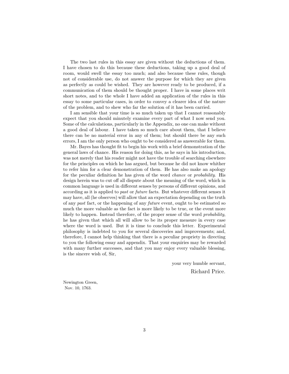An Essay Towards Solving a Problem in the Doctrine of Chances - Rev. Mr. Bayes, Communicated by Mr. Price, in a Letter to John Canton, M. a. and F. R. S., Page 3