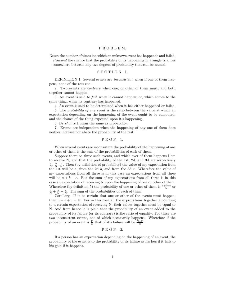 An Essay Towards Solving a Problem in the Doctrine of Chances - Rev. Mr. Bayes, Communicated by Mr. Price, in a Letter to John Canton, M. a. and F. R. S., Page 4