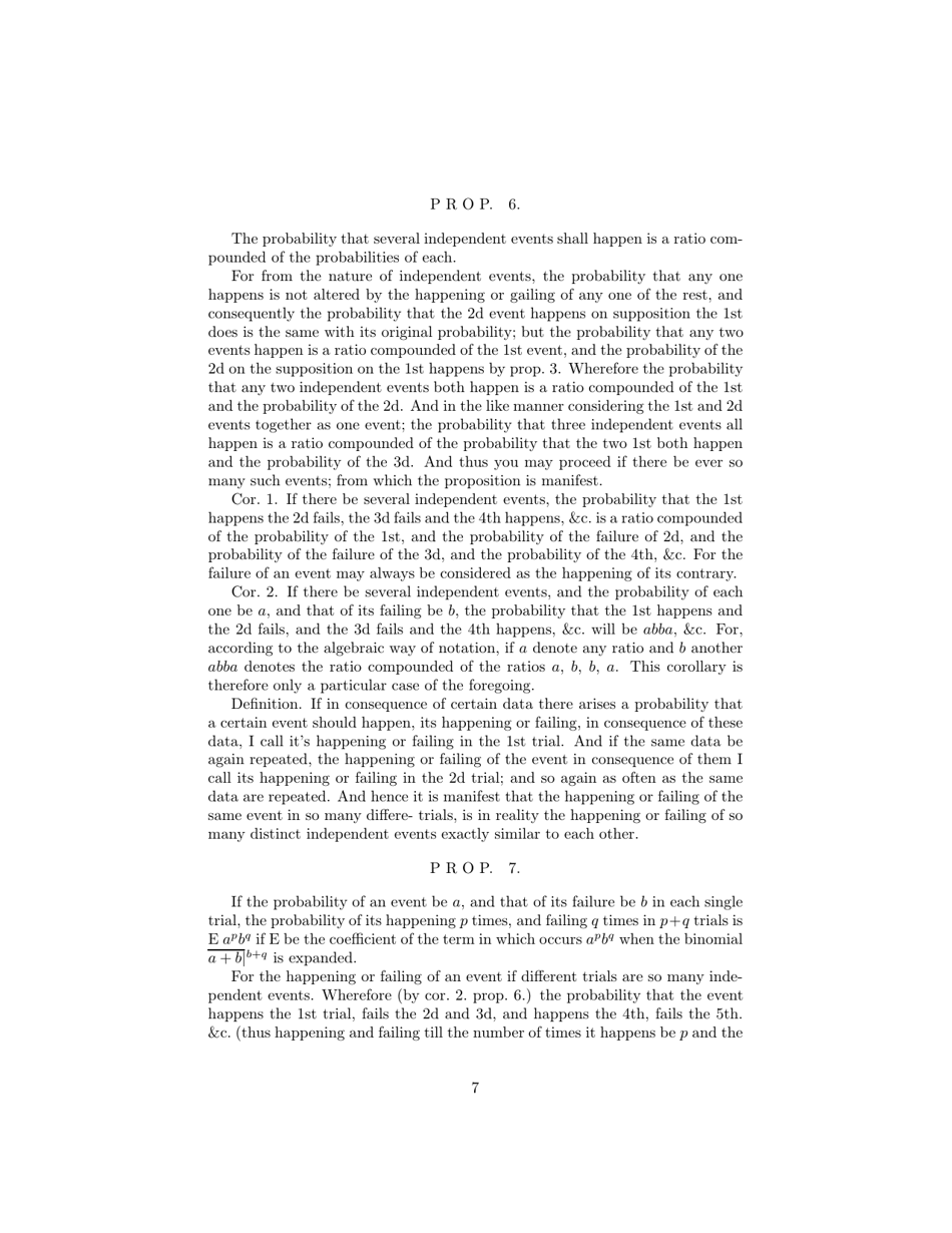 An Essay Towards Solving a Problem in the Doctrine of Chances - Rev. Mr. Bayes, Communicated by Mr. Price, in a Letter to John Canton, M. a. and F. R. S., Page 7