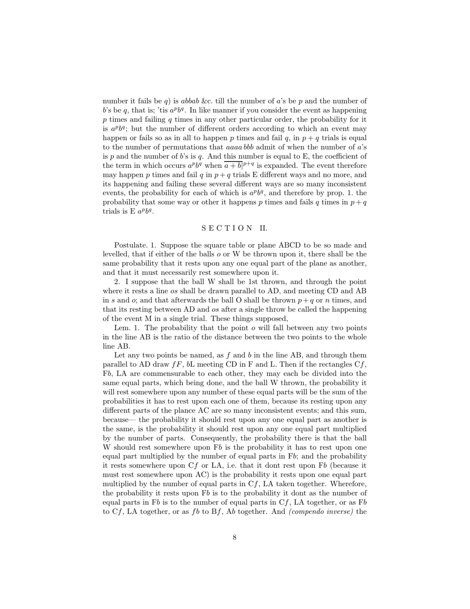 An Essay Towards Solving a Problem in the Doctrine of Chances - Rev. Mr. Bayes, Communicated by Mr. Price, in a Letter to John Canton, M. a. and F. R. S., Page 8