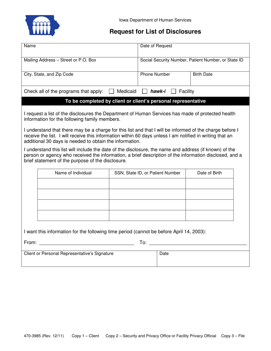 Form 470-3985 Request for List of Disclosures - Iowa, Page 1