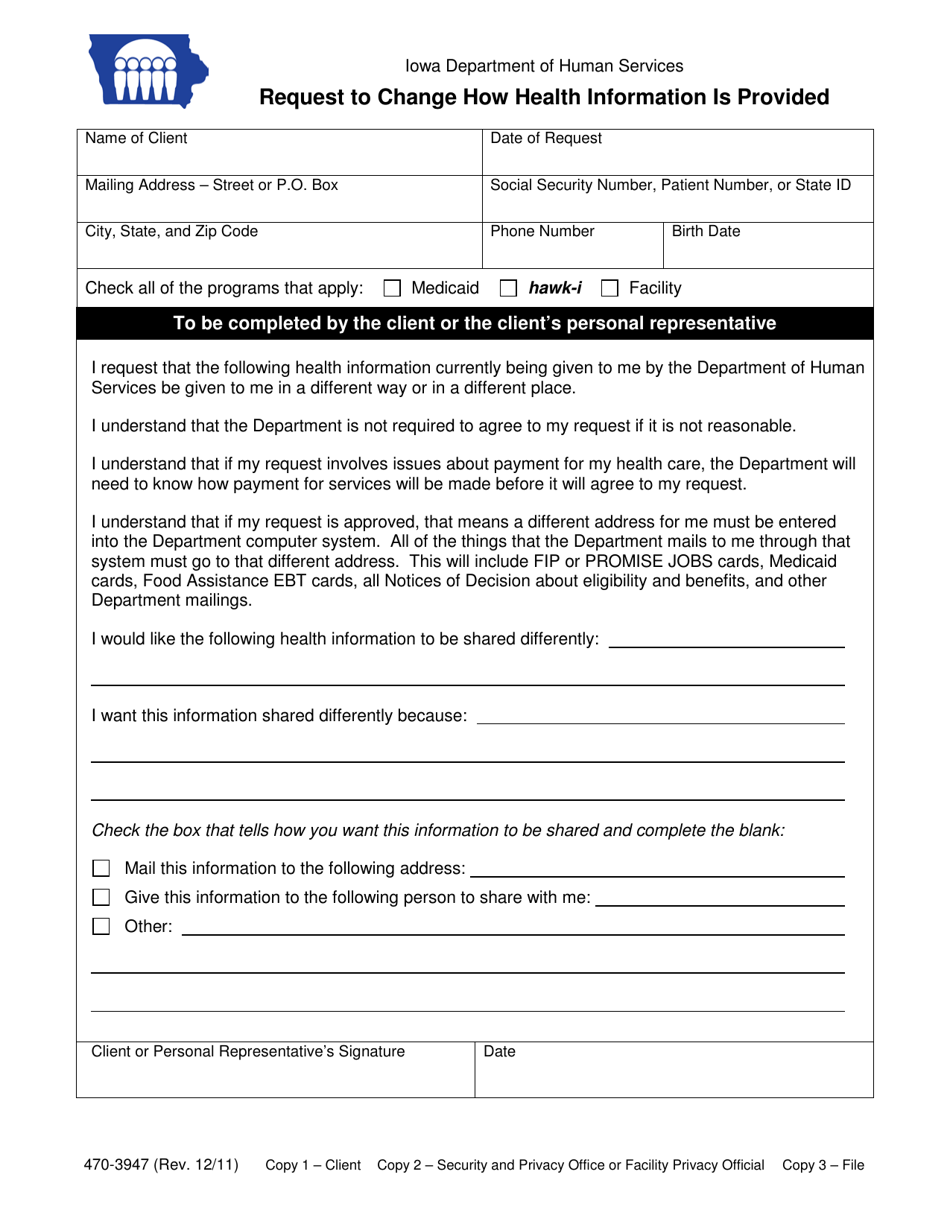 Form 470-3947 Request to Change How Health Information Is Provided - Iowa, Page 1