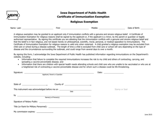 Document preview: Certificate of Immunization Exemption - Religious - Iowa