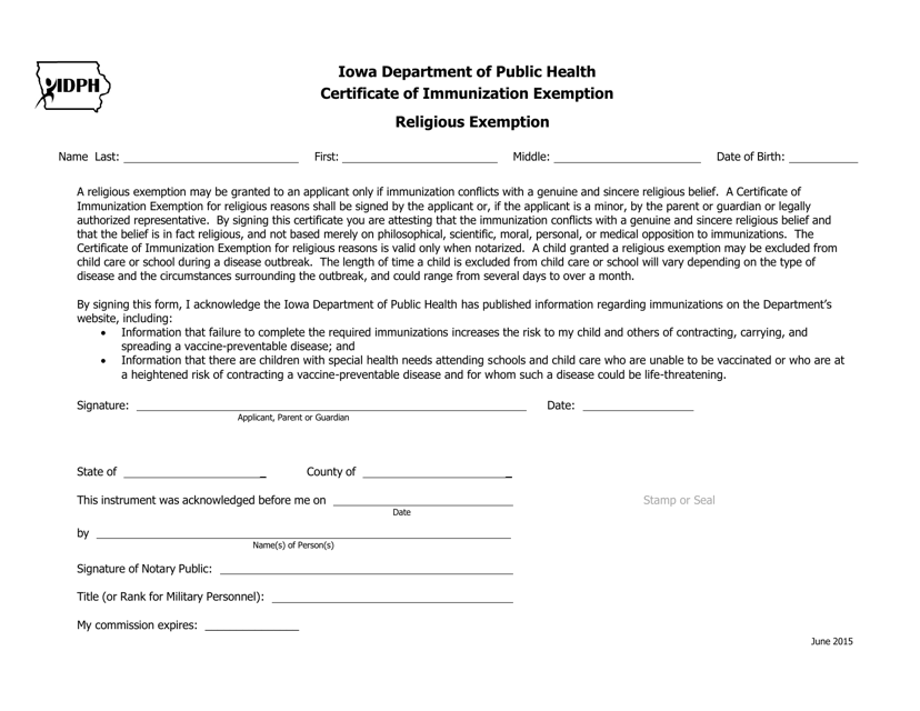 Certificate of Immunization Exemption - Religious - Iowa