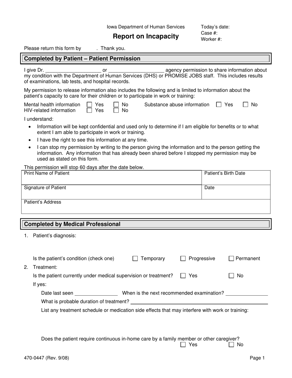 Form 470-0447 Report on Incapacity - Iowa, Page 1