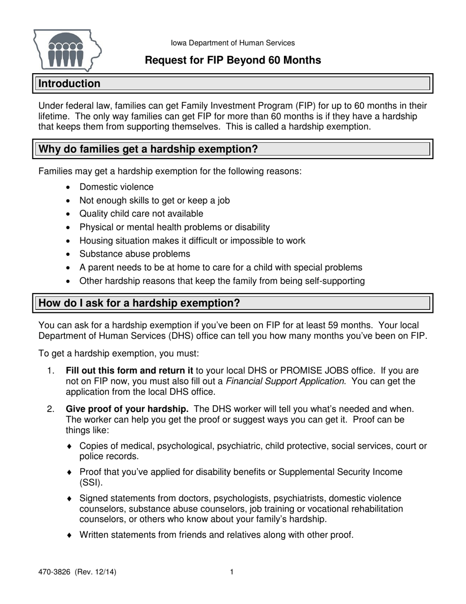 Form 470-3826 Request for Fip Beyond 60 Months - Iowa, Page 1