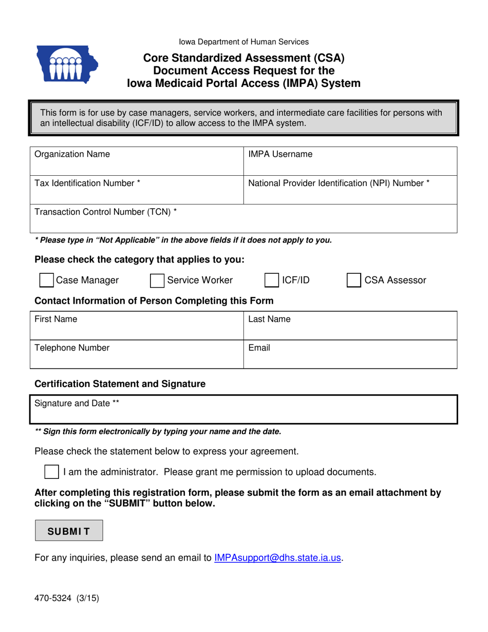 Form 470-5324 Core Standardized Assessment (Csa) Document Access Request for the Iowa Medicaid Portal Access (Impa) System - Iowa, Page 1