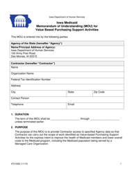 Document preview: Form 470-5362 Iowa Medicaid Memorandum of Understanding (Mou) for Value Based Purchasing Support Activities - Iowa