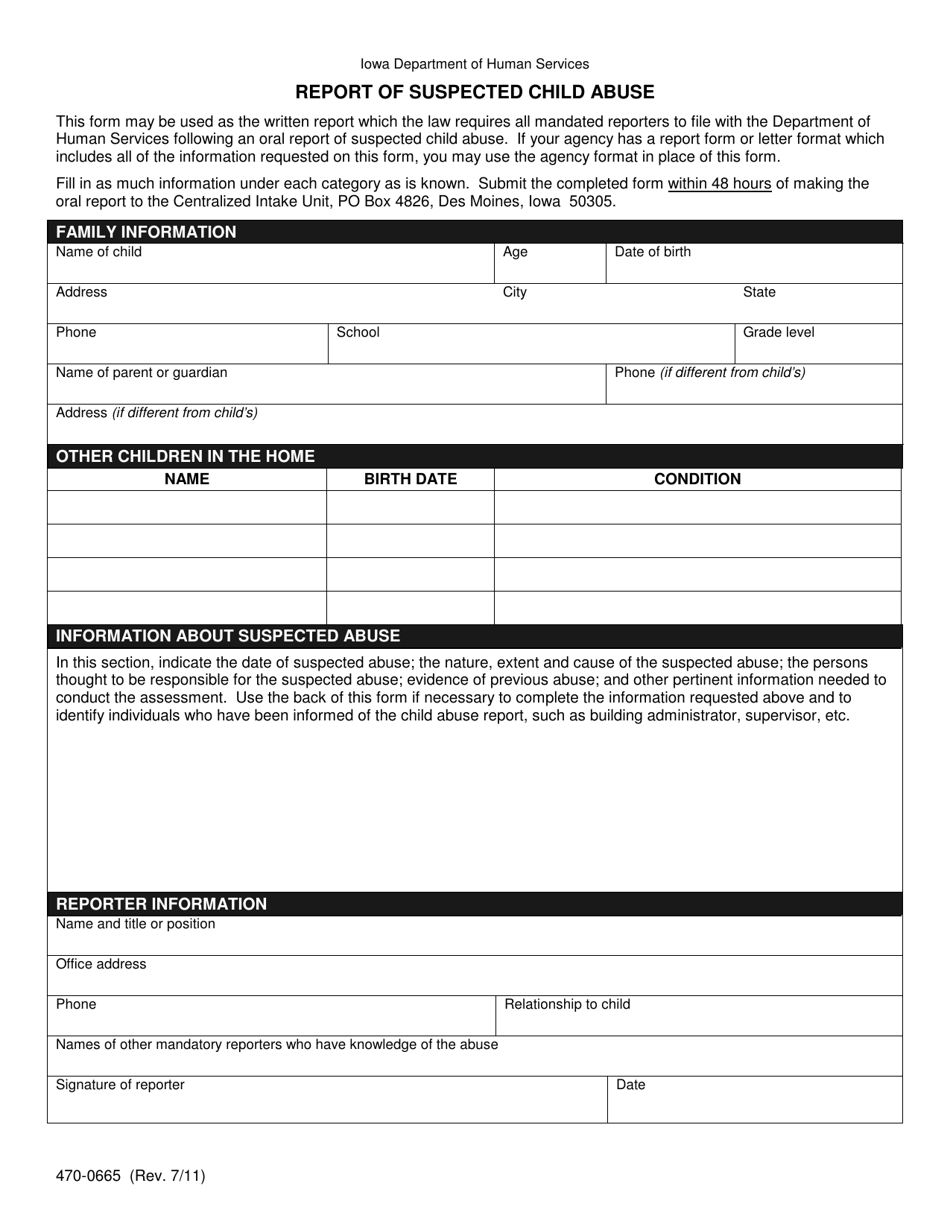 Form 470-0665 Report of Suspected Child Abuse - Iowa, Page 1