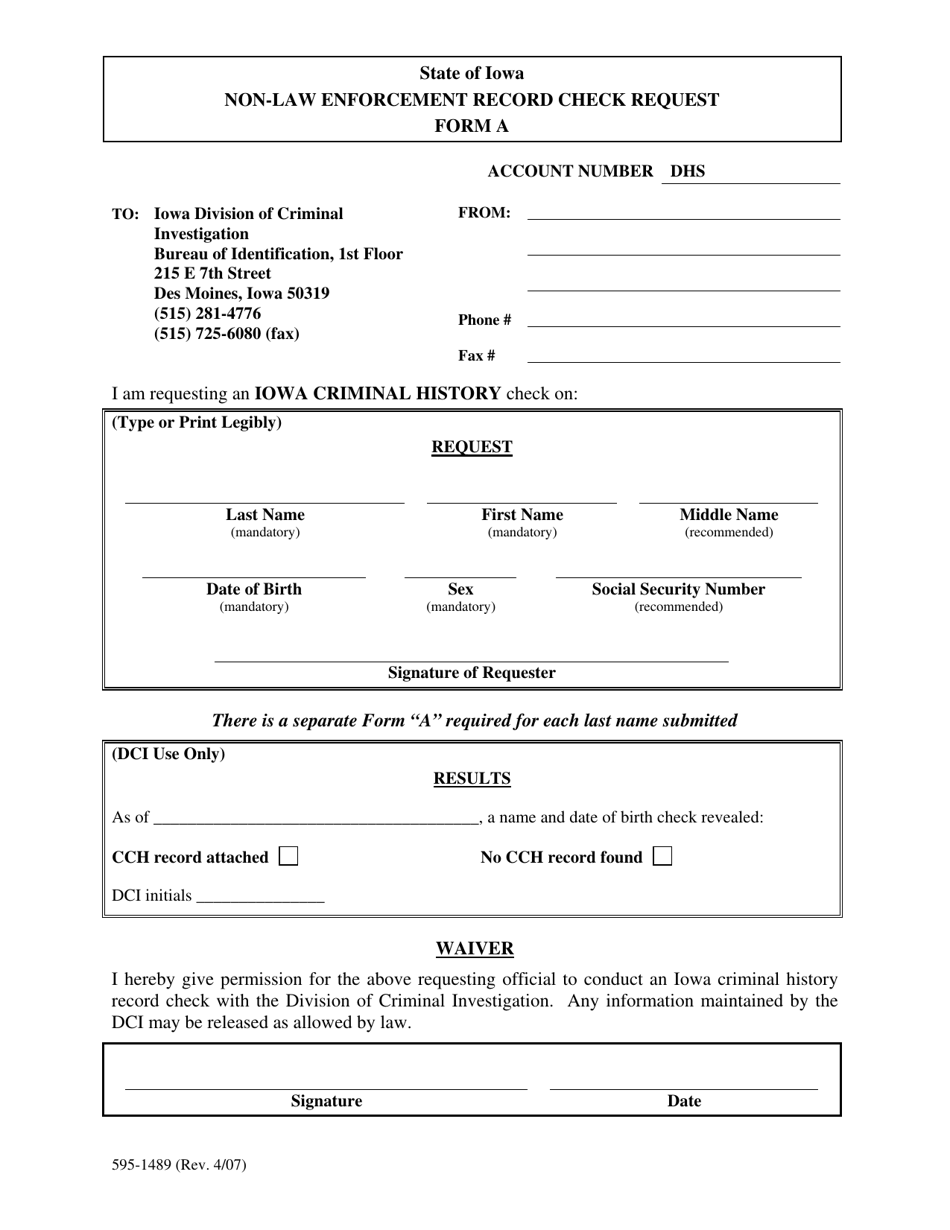 Form A (595-1489) Non-law Enforcement Record Check Request - Iowa, Page 1