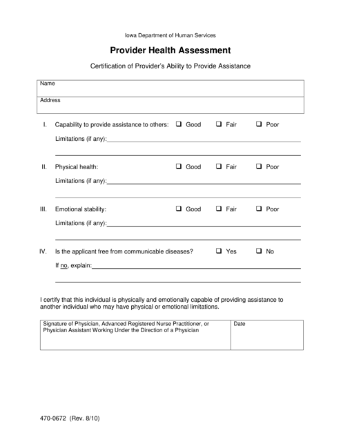 Form 470-0672 Provider Health Assessment - Iowa