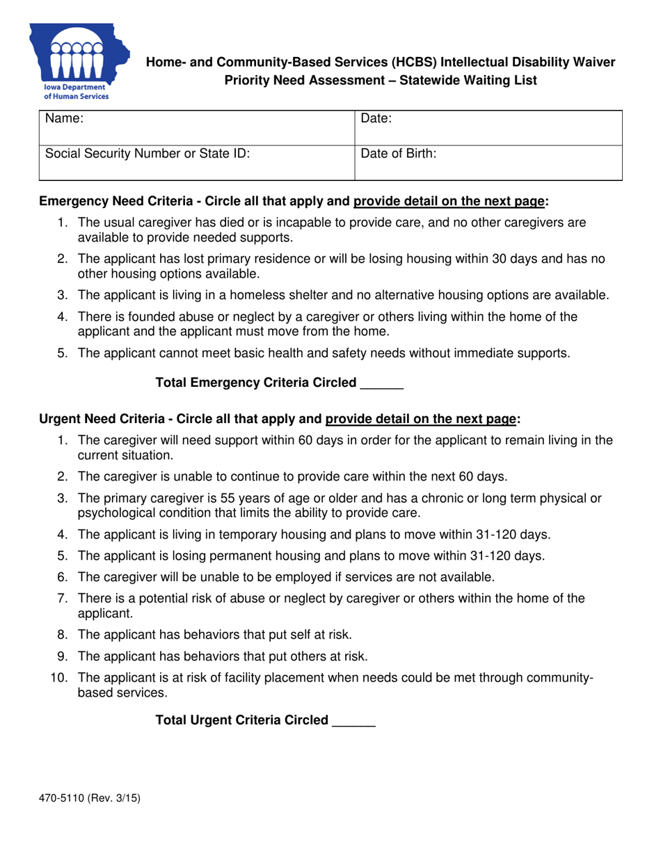 Form 470-5110 Home-And Community-Based Services (Hcbs) Intellectual Disability Waiver Priority Need Assessment - Statewide Waiting List - Iowa, Page 1