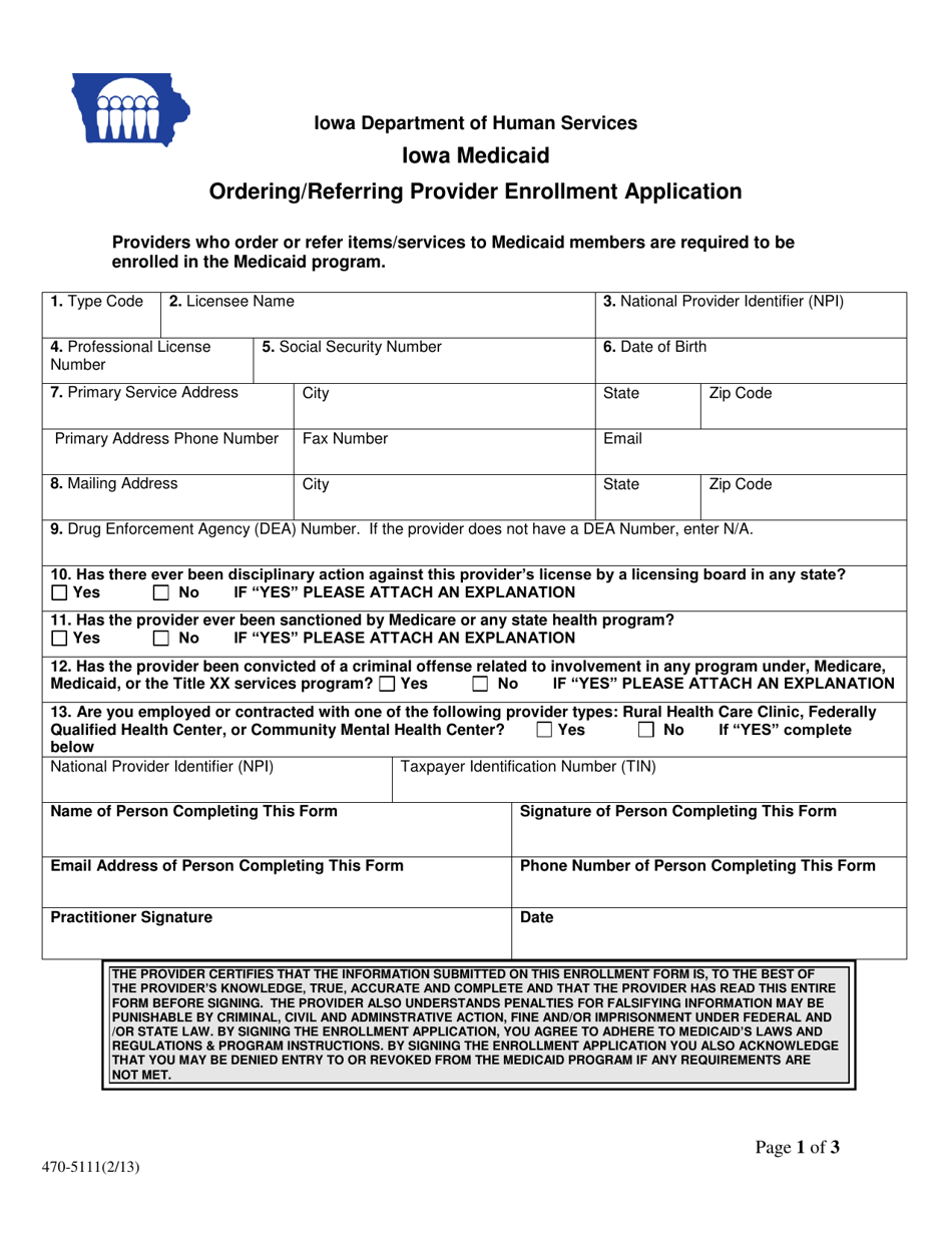 Form 470-5111 Ordering / Referring Provider Enrollment Application - Iowa, Page 1