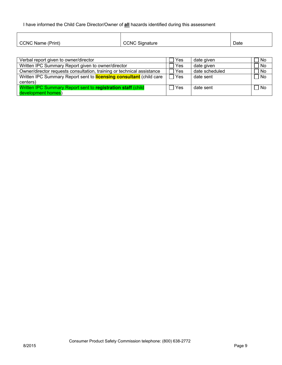 Iowa Child Care Nurse Consultant Injury Prevention Checklist - Iowa, Page 9
