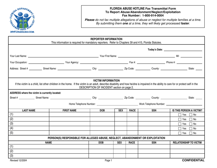 Florida Abuse Hotline Fax Transmittal Form to Report Abuse / Abandonment / Neglect / Exploitation - Florida Download Pdf