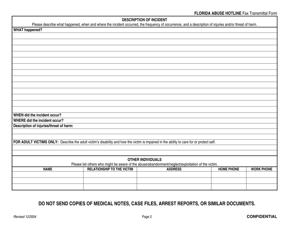 Florida Abuse Hotline Fax Transmittal Form to Report Abuse / Abandonment / Neglect / Exploitation - Florida, Page 2