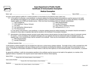&quot;Certificate of Immunization Exemption - Medical&quot; - Iowa