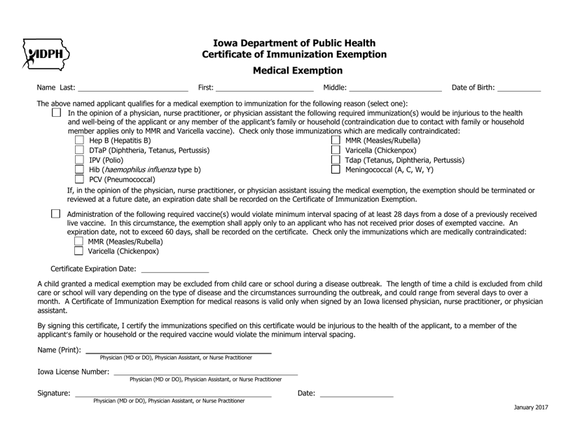 Certificate of Immunization Exemption - Medical - Iowa