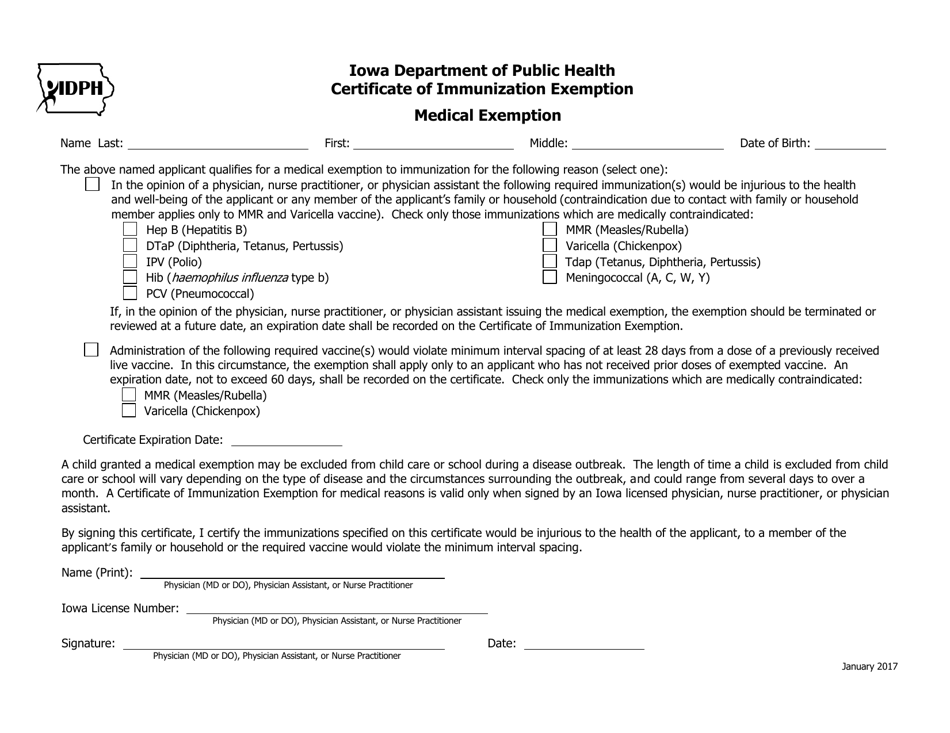 Iowa Certificate of Immunization Exemption - Medical - Fill Out, Sign ...