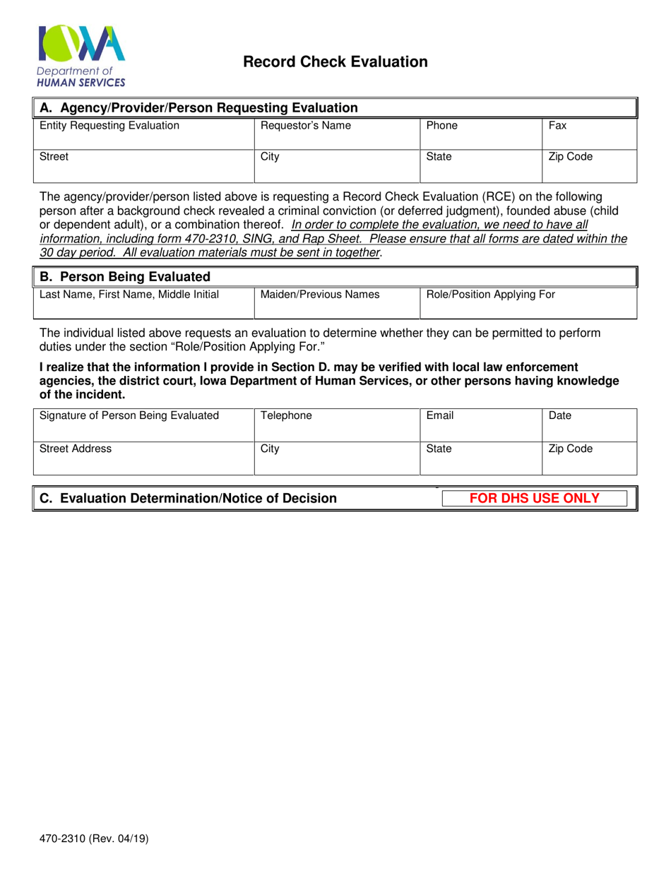 Form 470-2310 Record Check Evaluation - Iowa, Page 1