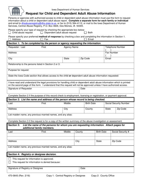 Form 470-0643 Request for Child and Dependent Adult Abuse Information - Iowa