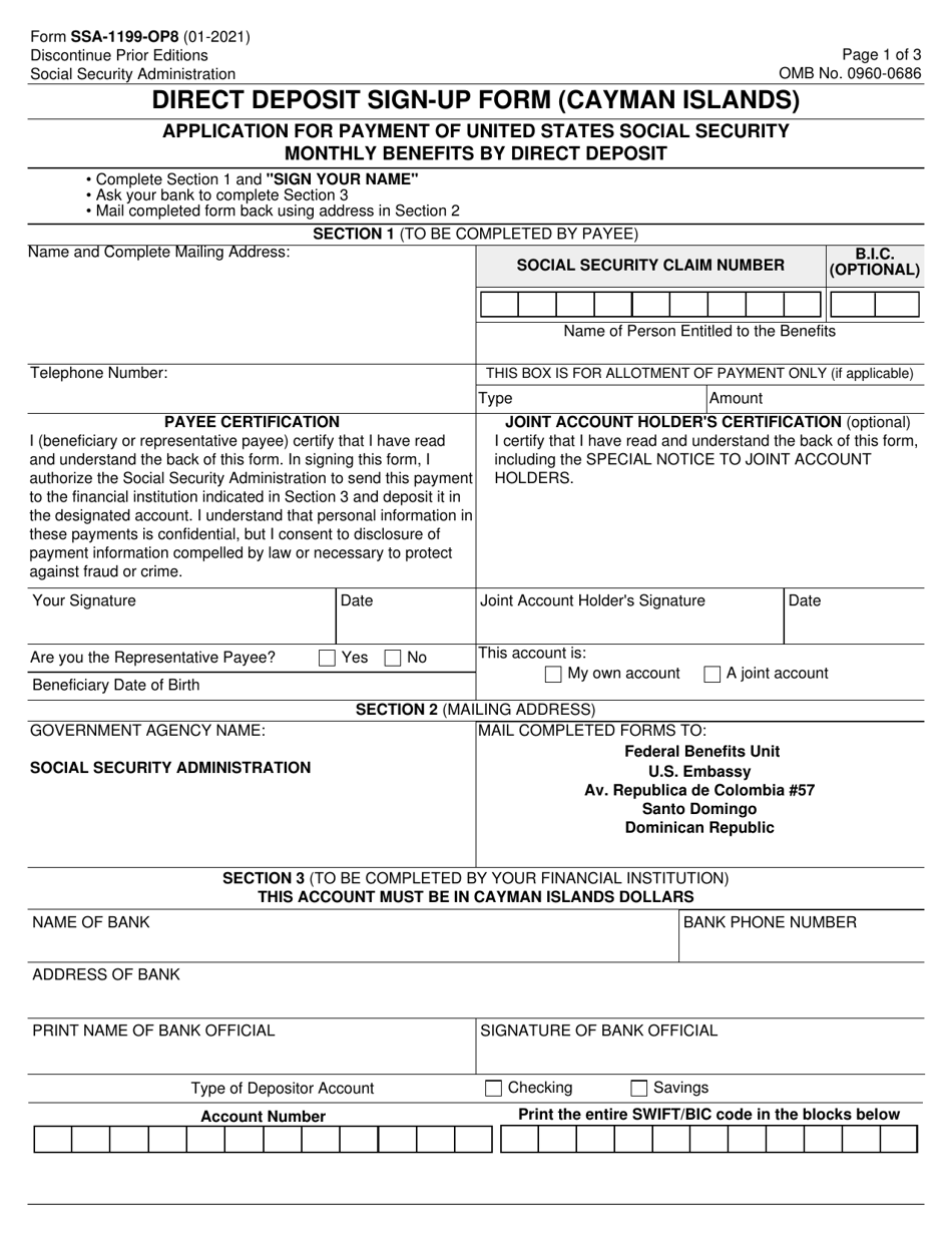 Form SSA-1199-OP8 Direct Deposit Sign-Up Form (Cayman Islands), Page 1